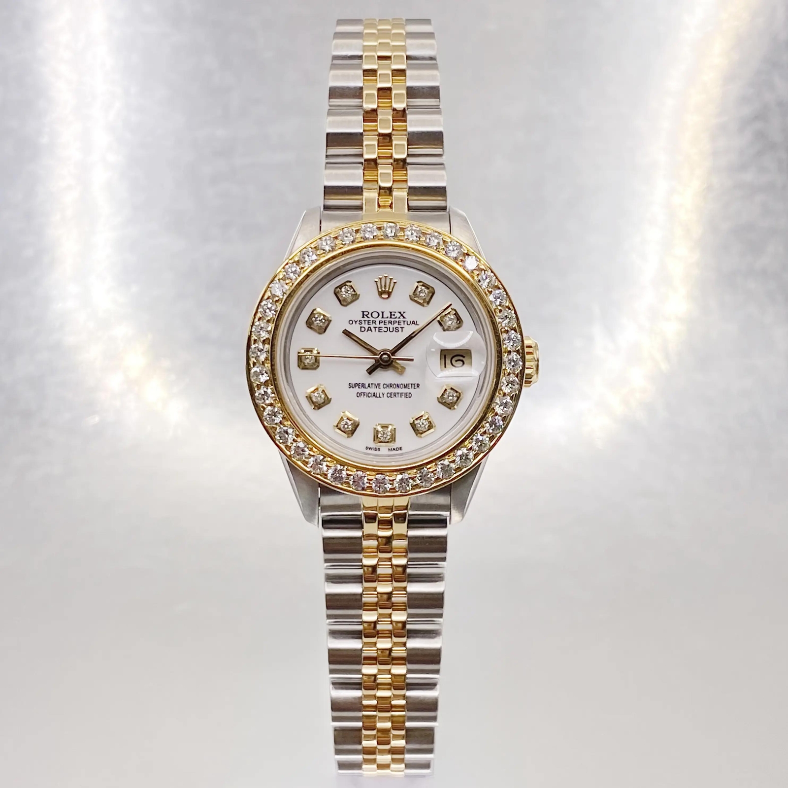 Rolex Datejust 18k Yellow Gold Steel Custom Diamond Bezel White Dial Watch 69173