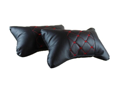 2 Sitzkissen Hals Sitz Auto Kissen Hals Kopfstützen Leder PU Schwarz Coutur Rot