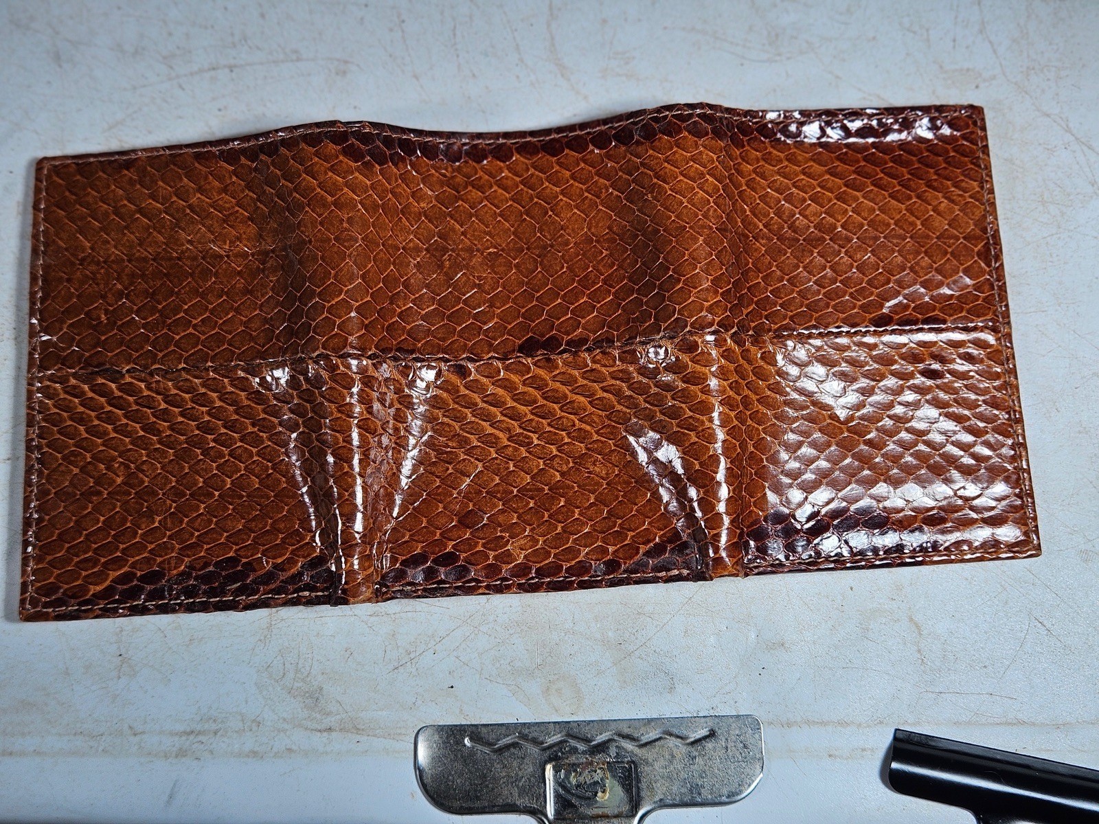 Vintage Python Snakeskin Trifold Wallet Brown Gen… - image 1