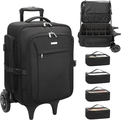 Profi Schminkkoffer mit Rollen 4 Taschen groß Organizer 2 große Rollen schwarz