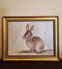 Small Original  Framed Oil Painting Sitting Bunny