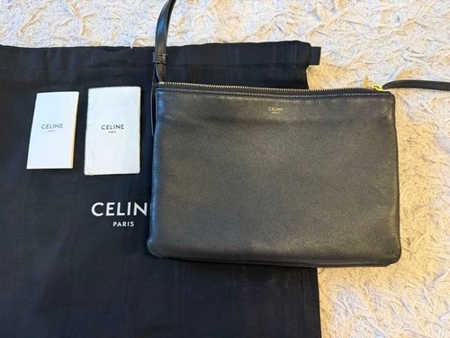 CELINE Trio Large Black Leather Shoulder Bag Pre-owned From Japan