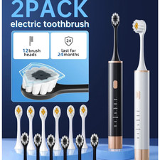 2 Pack Electric Toothbrush Sonic Toothbrush USB Rechargeable 12 Heads 6 Modes