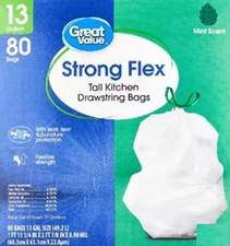Great Value Strong Flex 13 Gallon Tall Kitchen Drawstring Bags, Mint Scent.