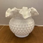 VINTAGE FENTON MILK GLASS VASE HOBNAIL DOUBLE CRIMPED RUFFLE EDGE WHITE BOWL