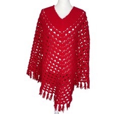 Hand Made Red Crochet Poncho V Neck Tassel Fringe Made in England Vintage