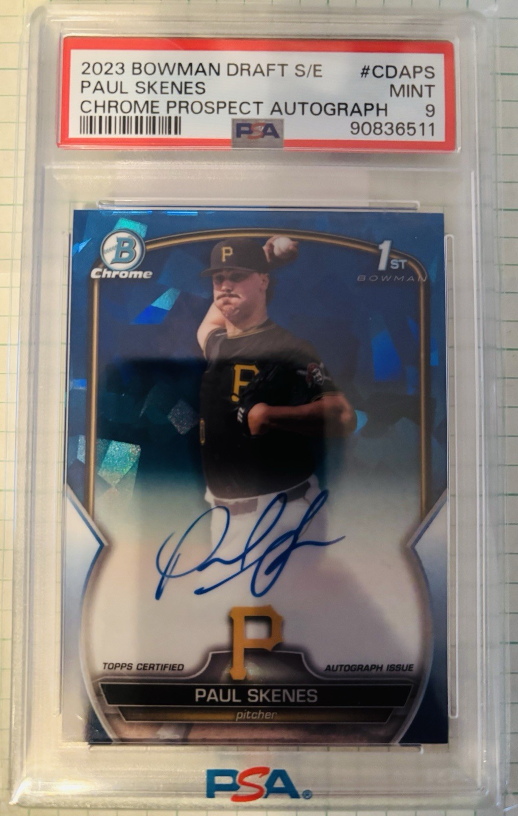 2023 Bowman Draft Sapphire PAUL SKENES 1st Blue Refractor Auto /199 PSA 9! RC