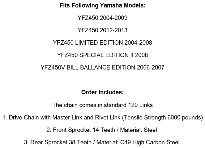 Yamaha Stainless Steel Chains, Sprockets & Parts Celox Blue Drive Chain & Sprocket Kit For Yamaha YFZ450 (2004-2013) - 520 Pitch, 14T/38T Yamaha Gold Motorcycle Chains, Sprockets And Parts