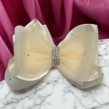Ivory Hair Rhinestone Bow - Flower Girl Hairbow - Baptism Christening Communion