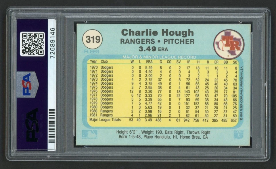 1982 FLEER CHARLIE HOUGH #319 TEXAS RANGERS VINTAGE PSA 8 NEAR MINT-MINT - Image 2 of 3