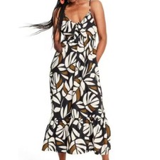 Tabitha Brown Botanical Print V-Neck Midi Dress Tie-Front XXS Multicolor