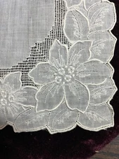 STUNNING Handmade Embroidery Handkerchief - Early 20th Century - White Embroidery and Days