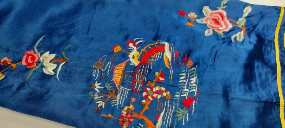 Pantalones de seda chinos años 20 azul real cintura alta bordado antiguo Art Deco años 30 Foto 4 de 4