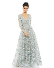 .Mac Duggal Embellished V Neck Illusion Long Sleeve A Line Gown-Size 6