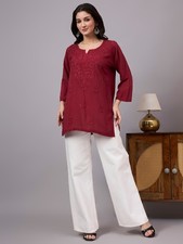 Women's Rayon Chikankari Short Kurta Maroon, Lucknowi Chikankari, Handwork