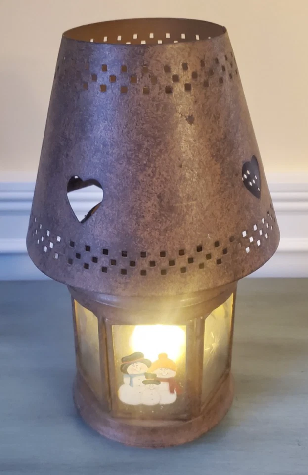 PRIMITIVO MUÑECO DE NIEVE RÚSTICO PAÍS SOPORTE DE LUZ DE TÉ LINTERNA SOMBRA DE CORAZÓN Foto 3 de 4