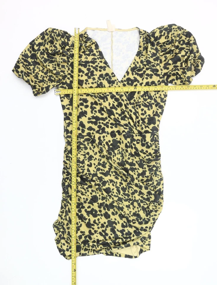 H&M Women Yellow Leopard Print Bodycon Dress Size 12 Short Puff Sleeve - Image 2 of 4