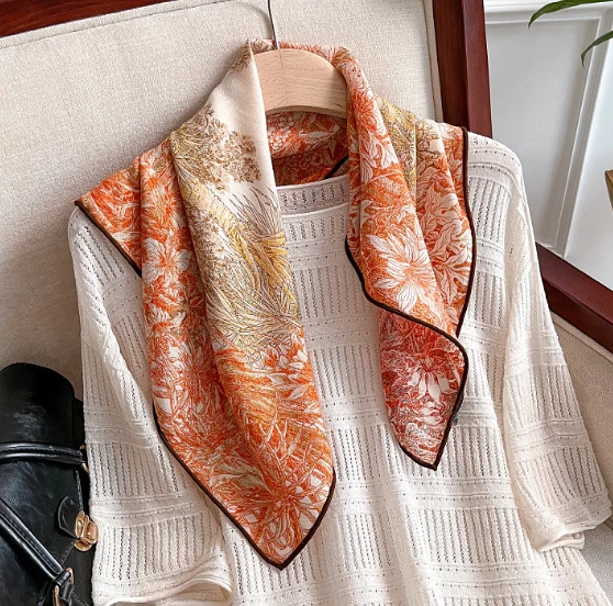 70% Cashmere 30% Silk Scarf 26'' Bandanna Shawl Neckerchief leaf Print Wrap new