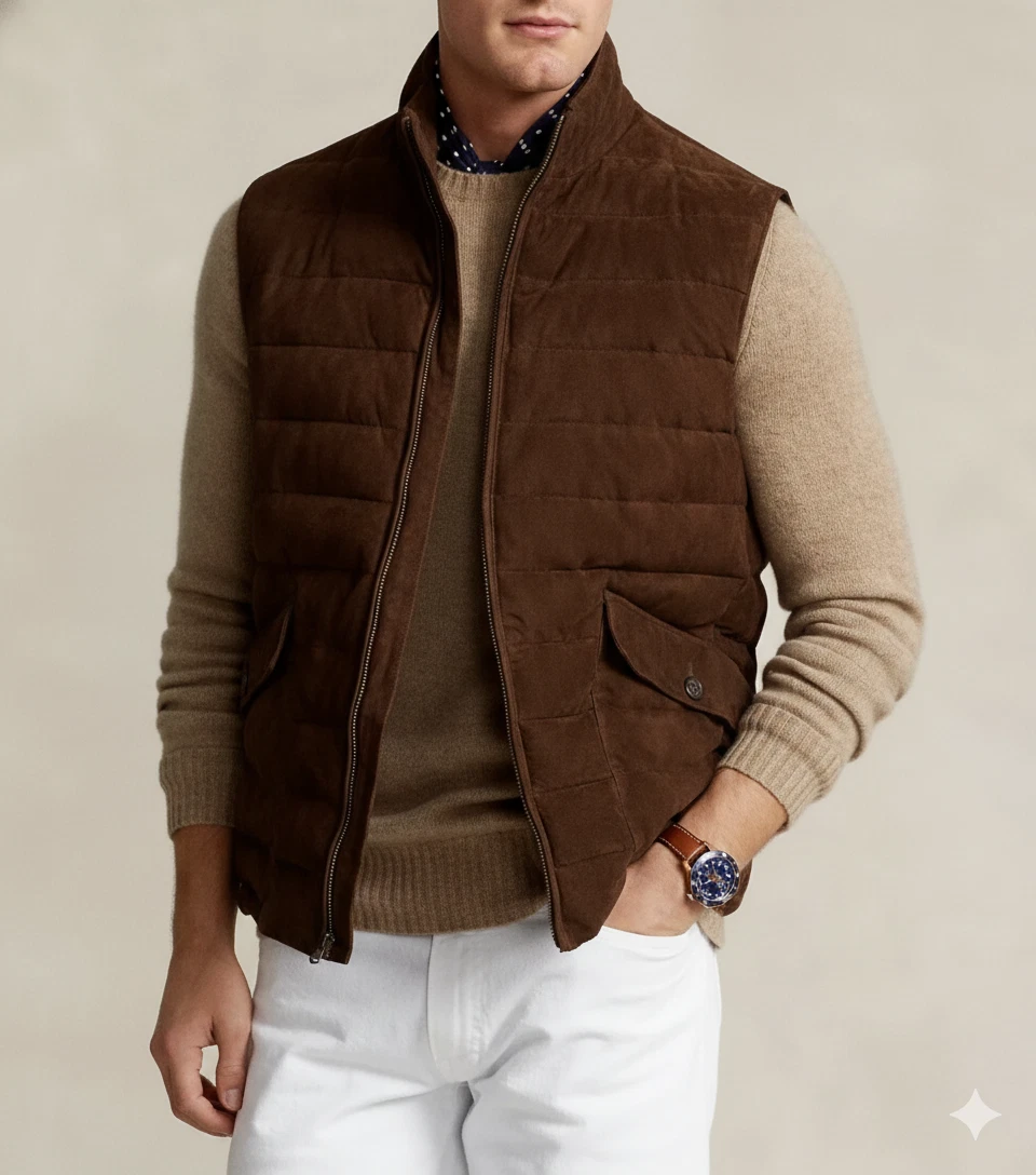 NEW Brown Suede Leather Quilted Puffer Vest For Men's Pure Sheepskin vest Coat