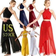 US Women Lyrical Dance Flowy Costume Crop Top and Irregular Wide Leg Mesh Pants