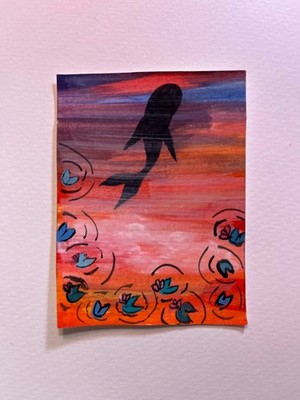 ACEO. Gouache & Ink on Watercolor Paper. sky. whale. lilypads, fantasy. original