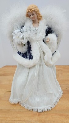 Silver Blue White Porcelain Christmas Tree Top Fairy Angel Faux Fur Feathers 15''