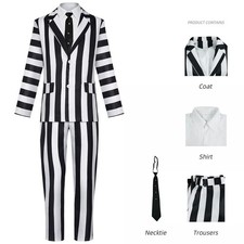 Beetlejuice Cosplay Costume Adam Men Black White Striped Jacket Pants Tie Wig