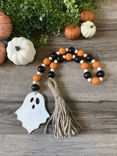 Handmade Wood Bead Garland with Tassel  Ghost Orange  Black Halloween Fall