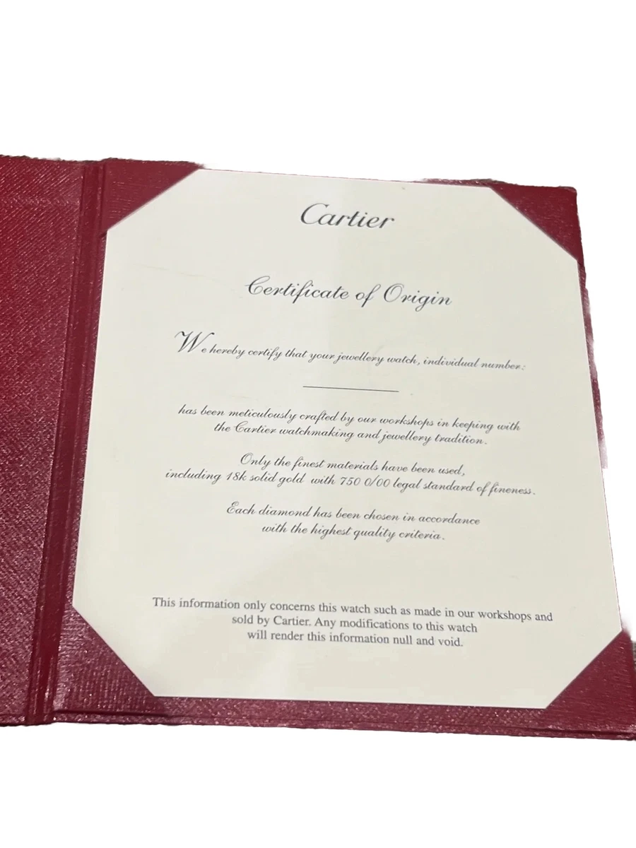 Open Blank Cartier Certificate of Origin For 18k Diamond Watch