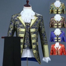 Men 3 Piece Suit Embroidered Jacket Vest Victorian Apparel Pants Trousers Outfit