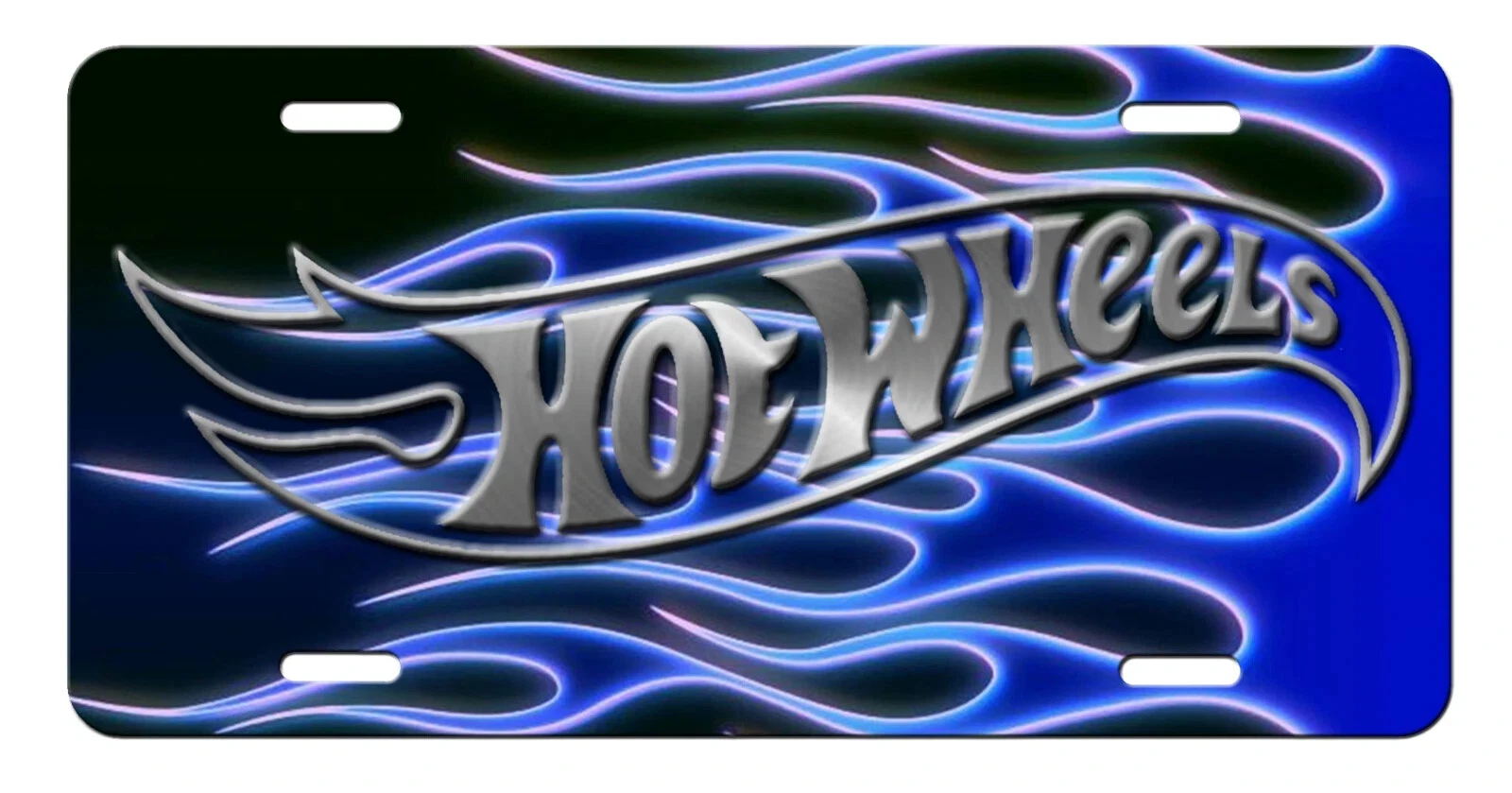 Hot Wheel Steel Look Logo on Aluminum Vanity Novelty License Plate Blue Flames - Picture 1 of 4