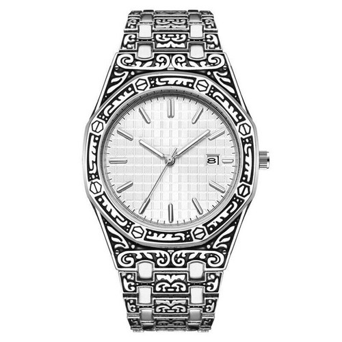 Mens Stainless Steel Fashion Quartz Wristwatch Date Retro Carved Watches Luxury - Picture 15 of 18
