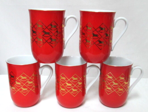 Otagiri Vintage Red Gold Rocking Horse Christmas Mug Cup Set 5 Holidays Japan - Picture 1 of 18