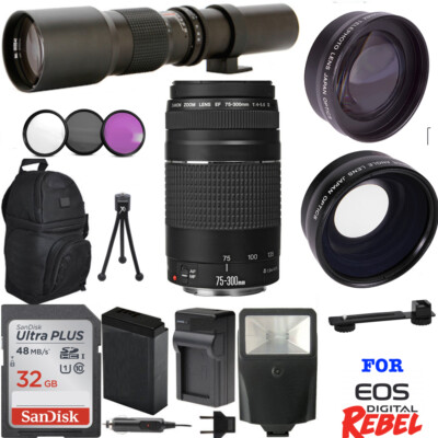 Canon EOS Rebel SL2 DSLR HD ACCESSORY KIT + 5 LENSES 75-300mm 500mm + WIDE ANGLE