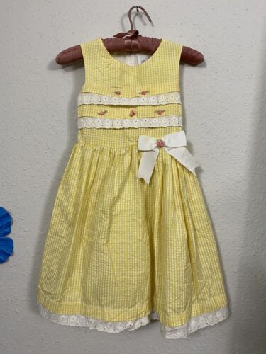 Vintage Rare Editions Yellow White Plaid Floral Sundress Holiday Bows Sz 6X