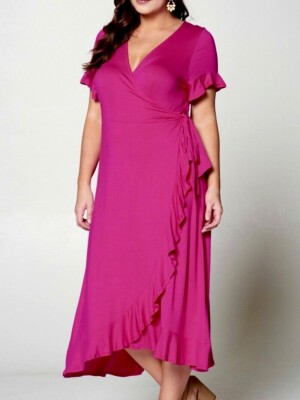 Emerald Stretch Wrap Ruffle Midi Dress w/ Flutter Sleeves Hot Pink Plus 1X  2X | eBay