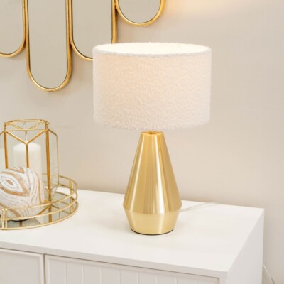Gold Metall Touch Dimmer Tischlampe Creme Boucle Schirm Schlafzimmer Nachttischlampe