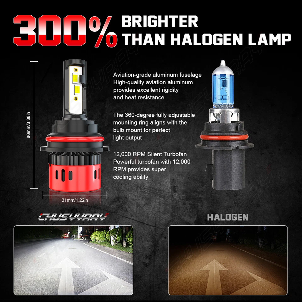 For Ford F700 F800 1993-1998 6000K 2X 9007 LED Headlight High/Low Beam Bulbs Kit - Image 3 of 4