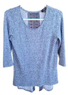 The Limited Womens L Blue Sheer Blouse Crochet Back Accent Boho Chic Hippie Top