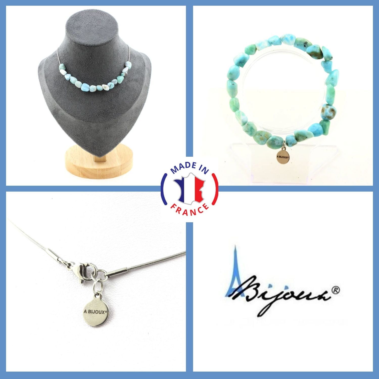 Bijoux Larimar haut de gamme parure d'exception collier et bracelet en minéraux véritables