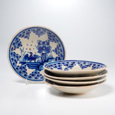 Antique Blue Dutch Delftware Water Bird Egret Pond Fish Scale Salad Plates 5pc