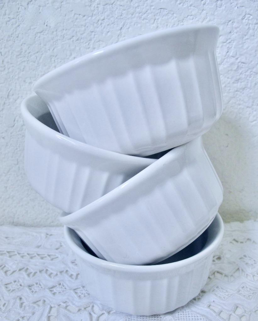 Set /4 Corning Ware French White 7 oz. Ramekins Custard Cups Stoneware