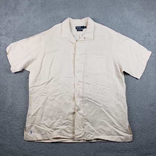 Polo Ralph Lauren Silk Linen Black Camp Shirt Mens XL Beige Loop Collar