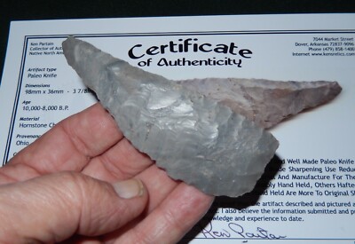 VERY FINE OLD OHIO FOUND HORNSTONE chert PALEO KNIFE with KEN PARTAIN COA C851