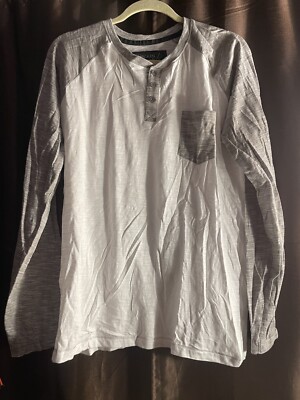 Men s L Vintage Broken Threads Casual 3-Button Long Sleeve White Pocket Tee