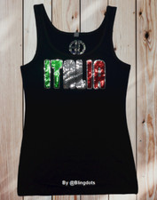 Women Italy Italia Bling Shirt Sequin Tank Top Team Flag Soccer Fan Italian Tee
