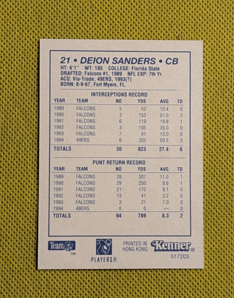 1995 Kenner Starting Lineup Card DEION SANDERS #21 - SF 49ers HOF - Image 2 of 3