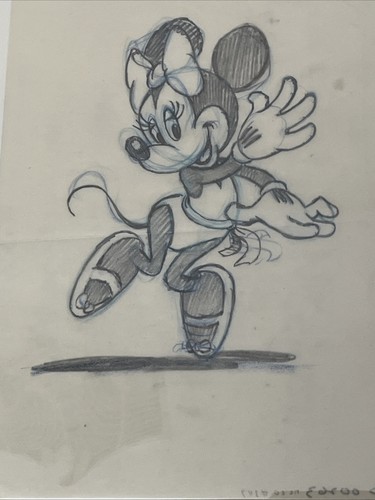 Vintage Original Disney Pencil Drawing Of Minnie Mouse Dancing With COA