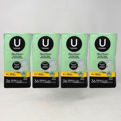 4 Pack - U by Kotex Clean & Secure Ultra Thin Pads with Wings, Regular, 36 Count