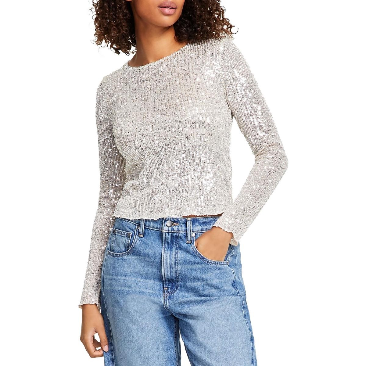 Женская бежевая сетчатая блузка с блестками Lucky Brand, топ M BHFO 8577